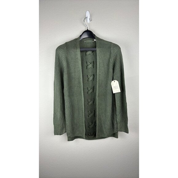 Pinque Sweaters - Pinque - Small - Olive Green Cardigan With Crisscross Lace-Up And Ribbed Cuffs